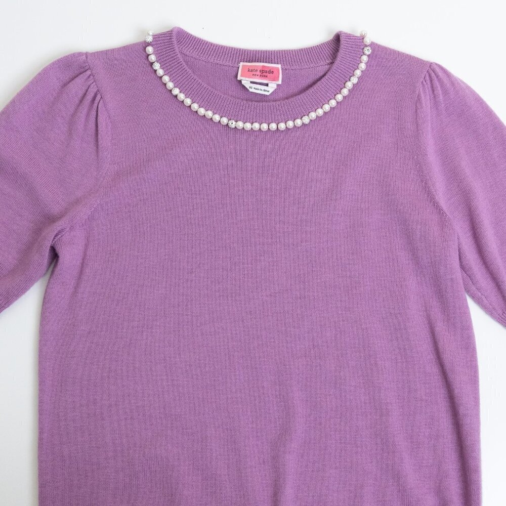 Kate Spade Pearl Crystal Trimmed Collar Sweater Short Sleeve Liliac Purple XS - Picture 4 of 11